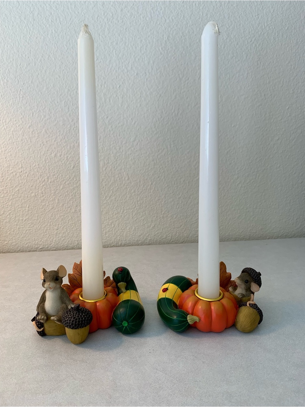 Set of 2 Charming Tails Mouse “Pumpkin Harvest” Taper Candle Holders